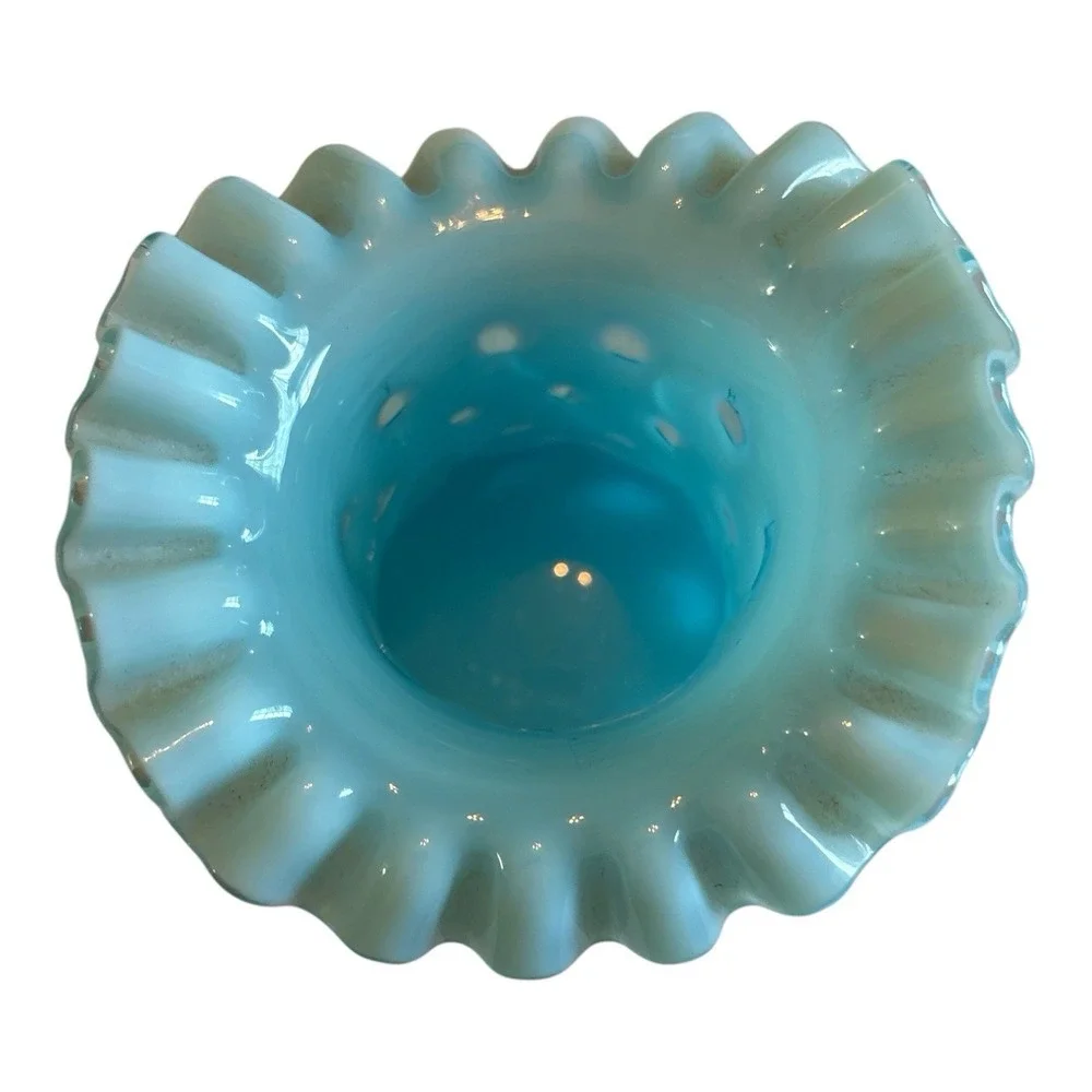Fenton Turquoise/Aqua Opalescent Coin Dot Ruffled Glass Top Hat Vase 3